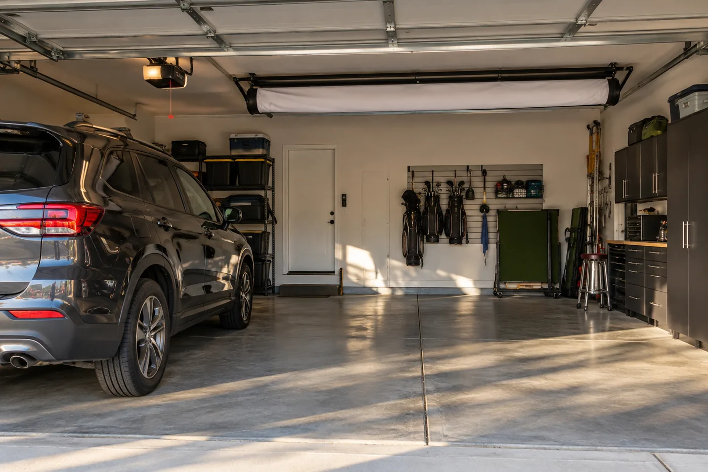 Garage with retractable screen stored near the ceiling, car parked, and floor clear