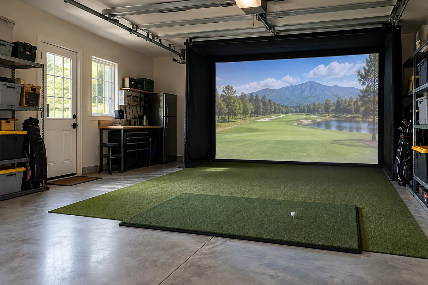 Dedicated garage simulator with a full enclosure, turf lane, and overhead door rails clear