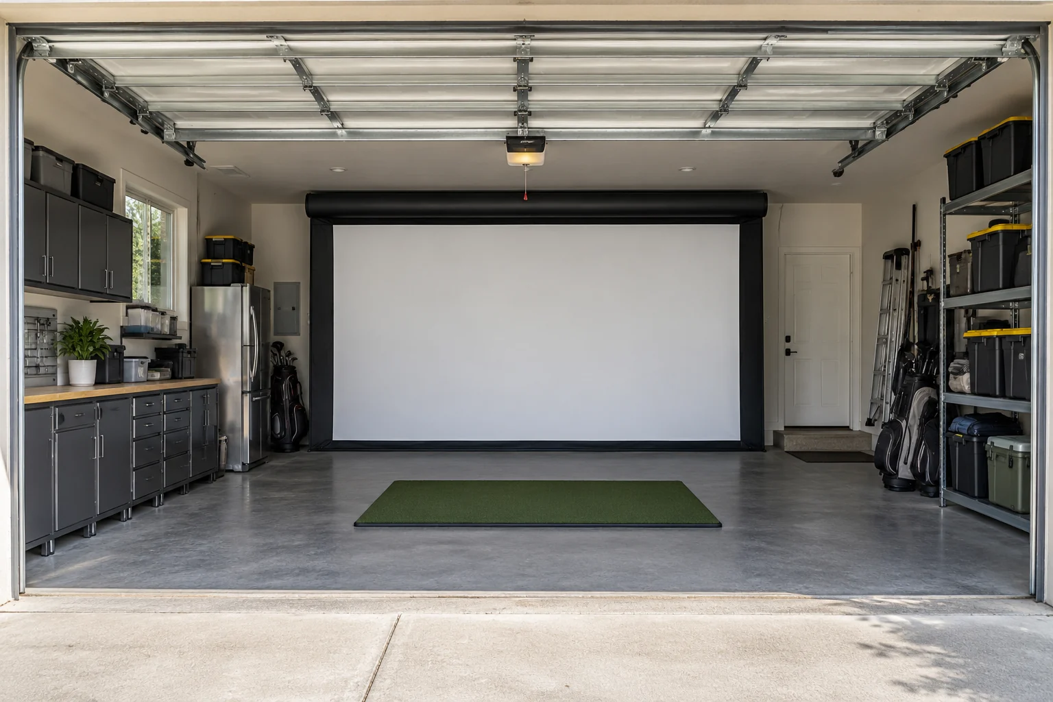 Finished garage simulator with a smooth retractable impact screen in a fitted roller housing, raised garage door tracks clear, and side storage preserved