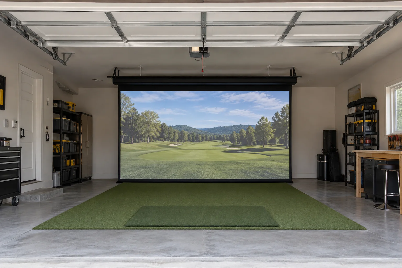Retractable golf impact screen installed on the rear wall of a garage with the raised door and tracks unobstructed