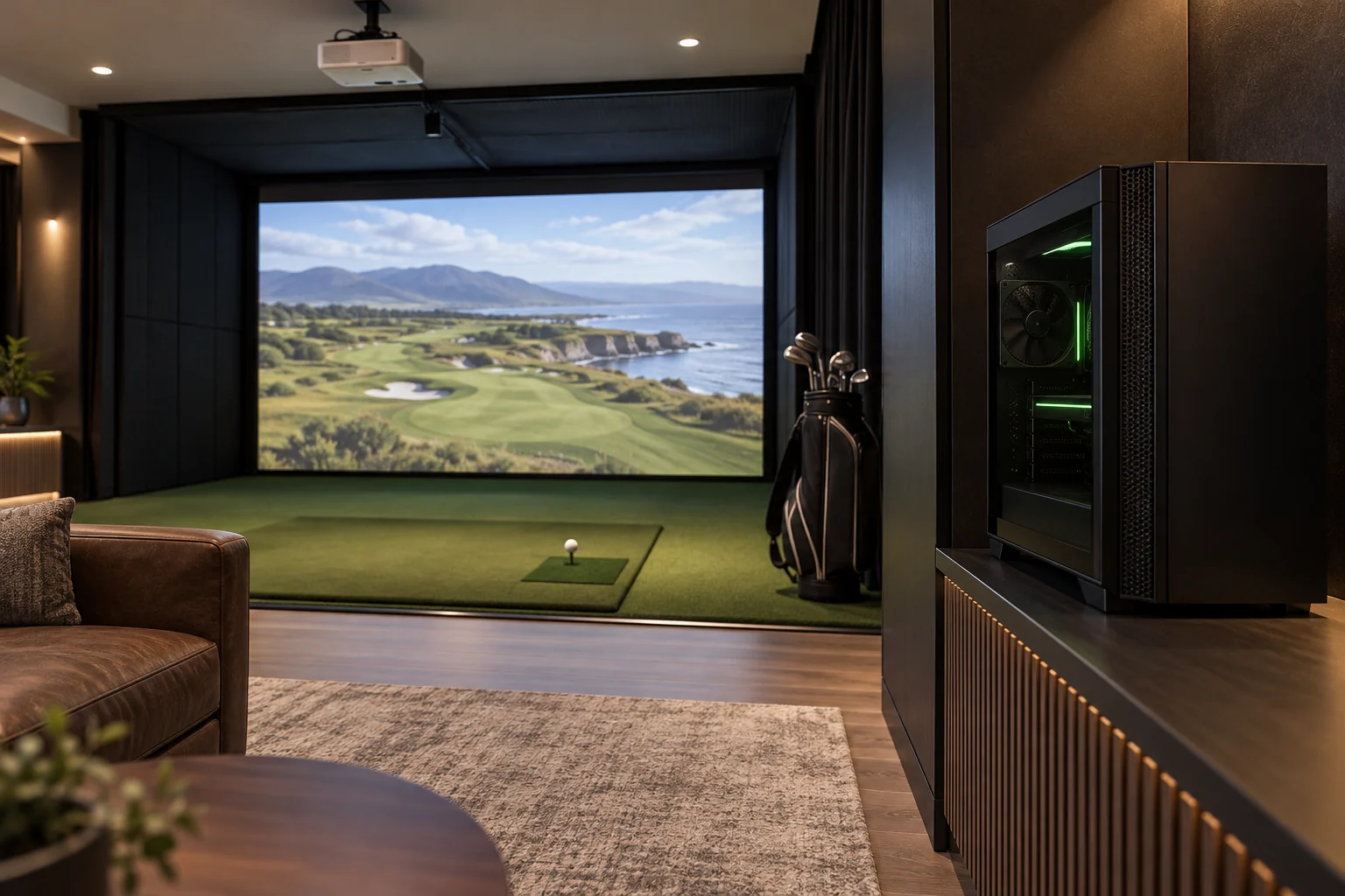 Compact performance PC beside an indoor golf simulator