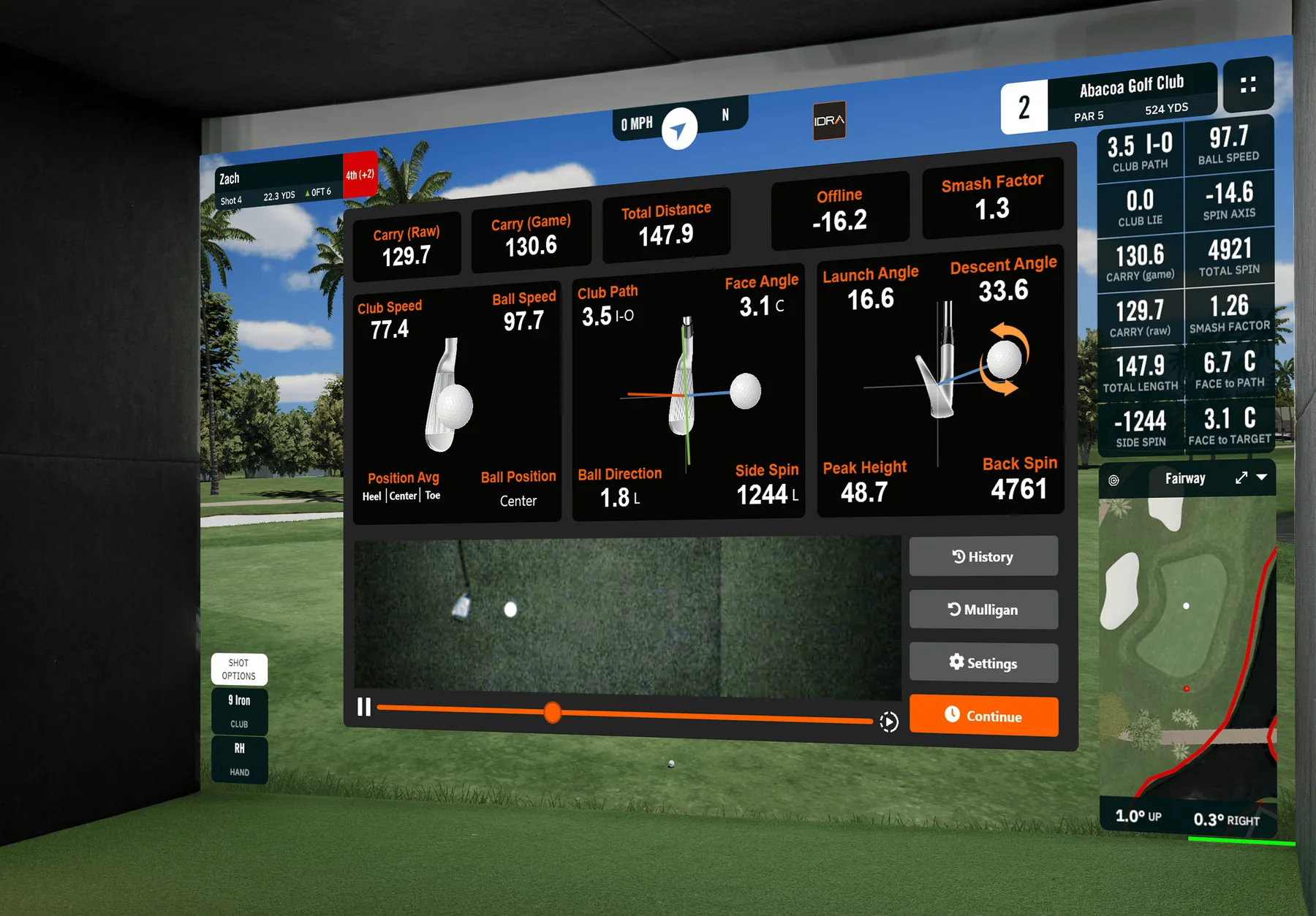 Golf simulator shot analysis display with ball and club data